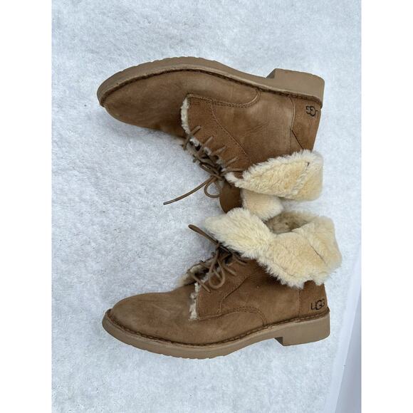 Ugg women's Quincy brown shearling lined boots size 8 Winter Warm Tie Fold Over - Picture 5 of 14
